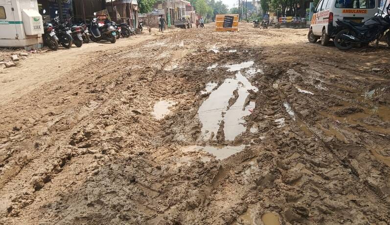 Sewer digging destroys road, halts traffic