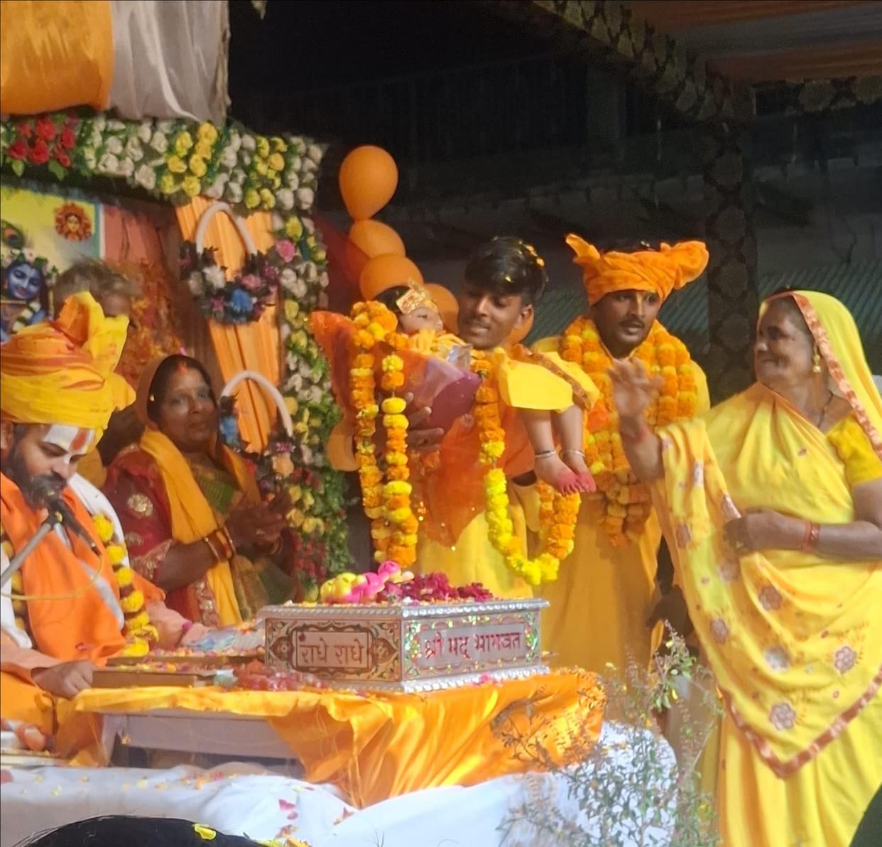 Celebration of Shri Krishna's birth anniversary in the Srimad Bhagwat Katha, decorated tableau