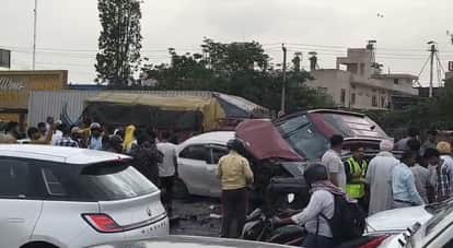 Three cars collided on NH-44, one car ran over the other.