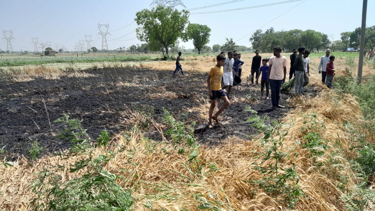 A fire broke out in the standing wheat crop, villagers struggled to control it.