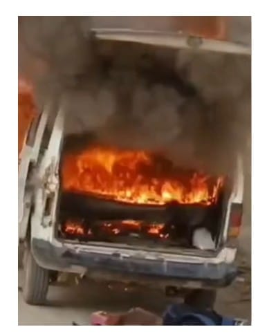 Seven students and the driver were injured, four seriously injured, when a school van caught fire.