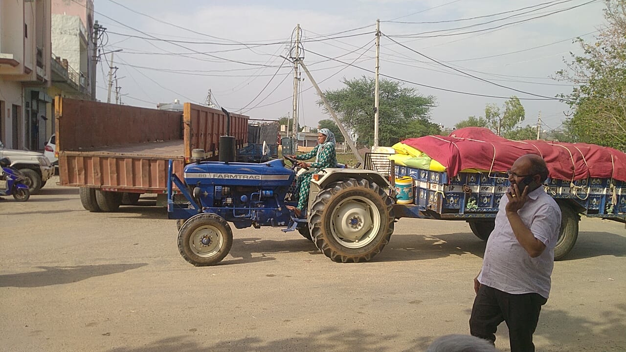 Babita, a daring ploughman, drove a tractor to the market to sell mustard.