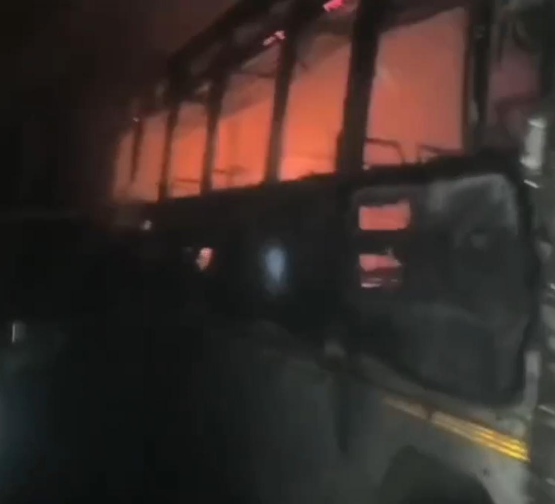 Fire breaks out in a bus parked at the roadways workshop in Etah