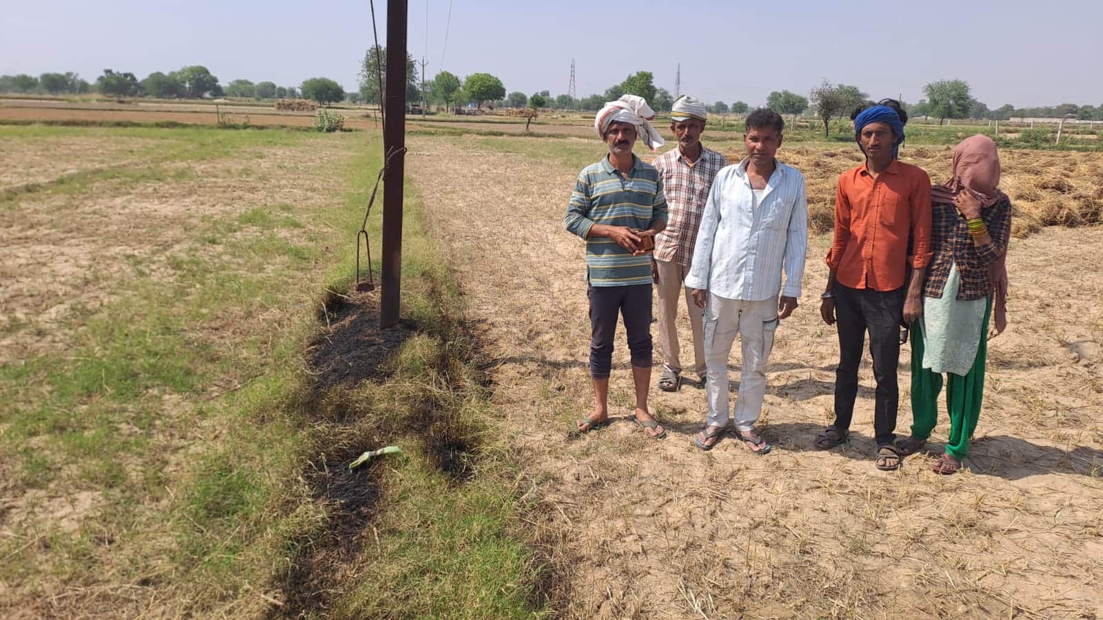 खेत में जली हुई फसल दिखाते किसान। संवाद