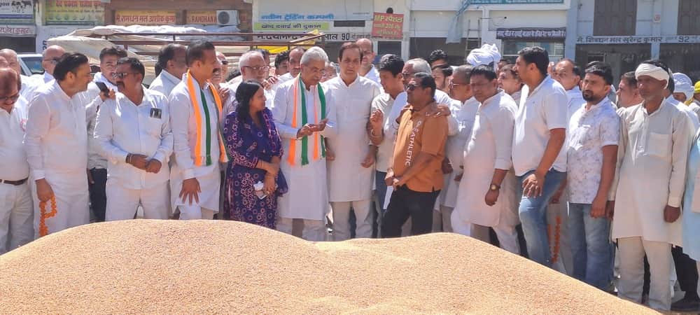 मंडी में किसानों से बातचीत करते कांग्रेस अध्यक्ष राव नरेंद्र सिंह।