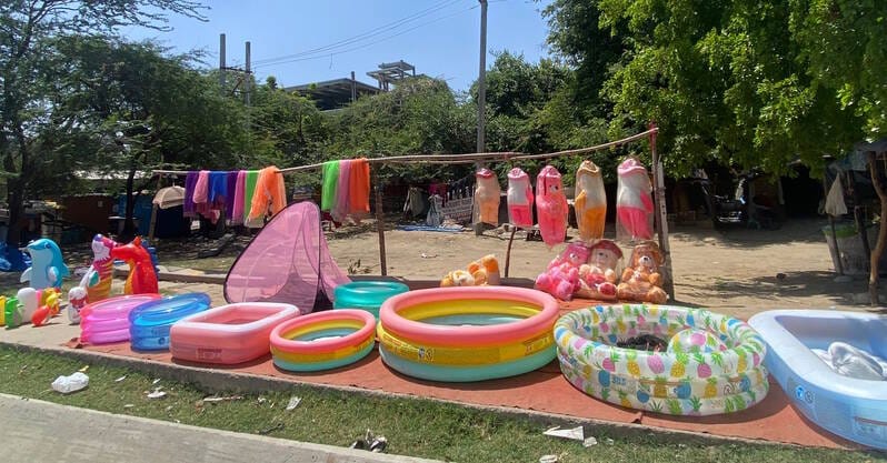Readymade swimming pools are becoming a source of relief from the heat.
