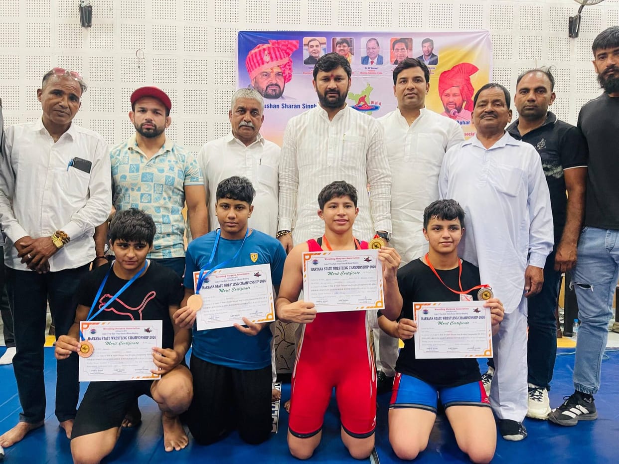 Vanshika from Rohtak secures first place in the 46 kg weight category of women's wrestling.