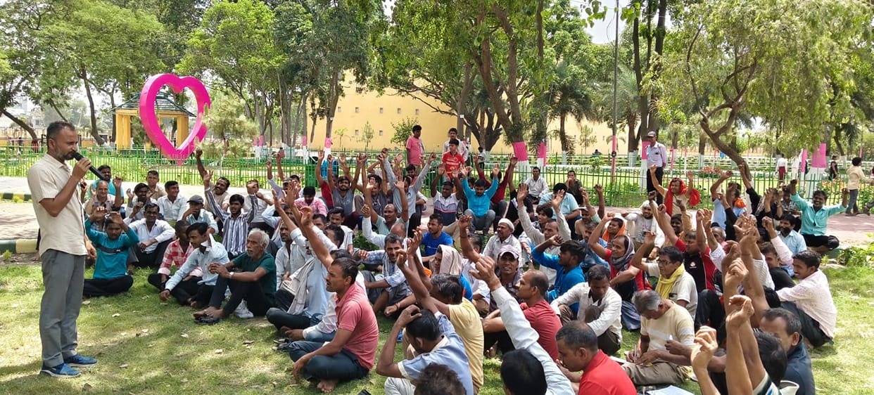 Labor organizations hold meeting at Hali Park to protest against government policies.