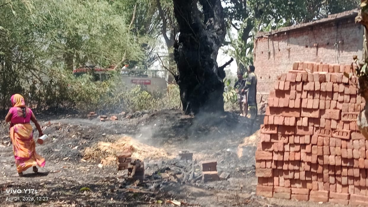Burning of stalks caused fire, many residential huts reduced to ashes