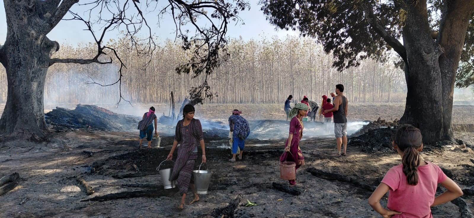 फोटो-36-बलरामपुर के सोहेलवा जंगल में लगी आग को बुझाने का प्रयास करते ग्रामीण ।-संवाद