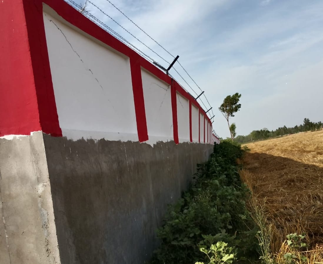 The boundary wall of the colony built at a cost of Rs 7 crore has tilted and cracks have appeared in the wall.
