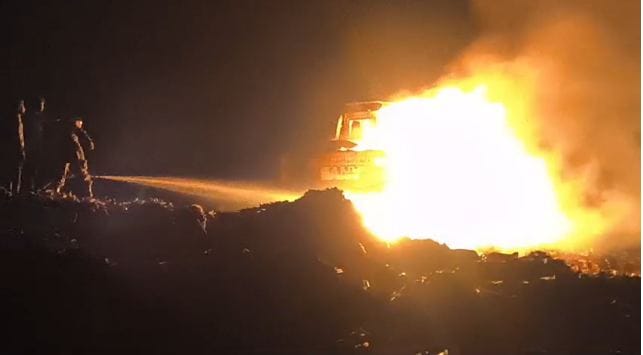 A massive fire broke out at the dumping ground, and it took five hours to douse the flames.
