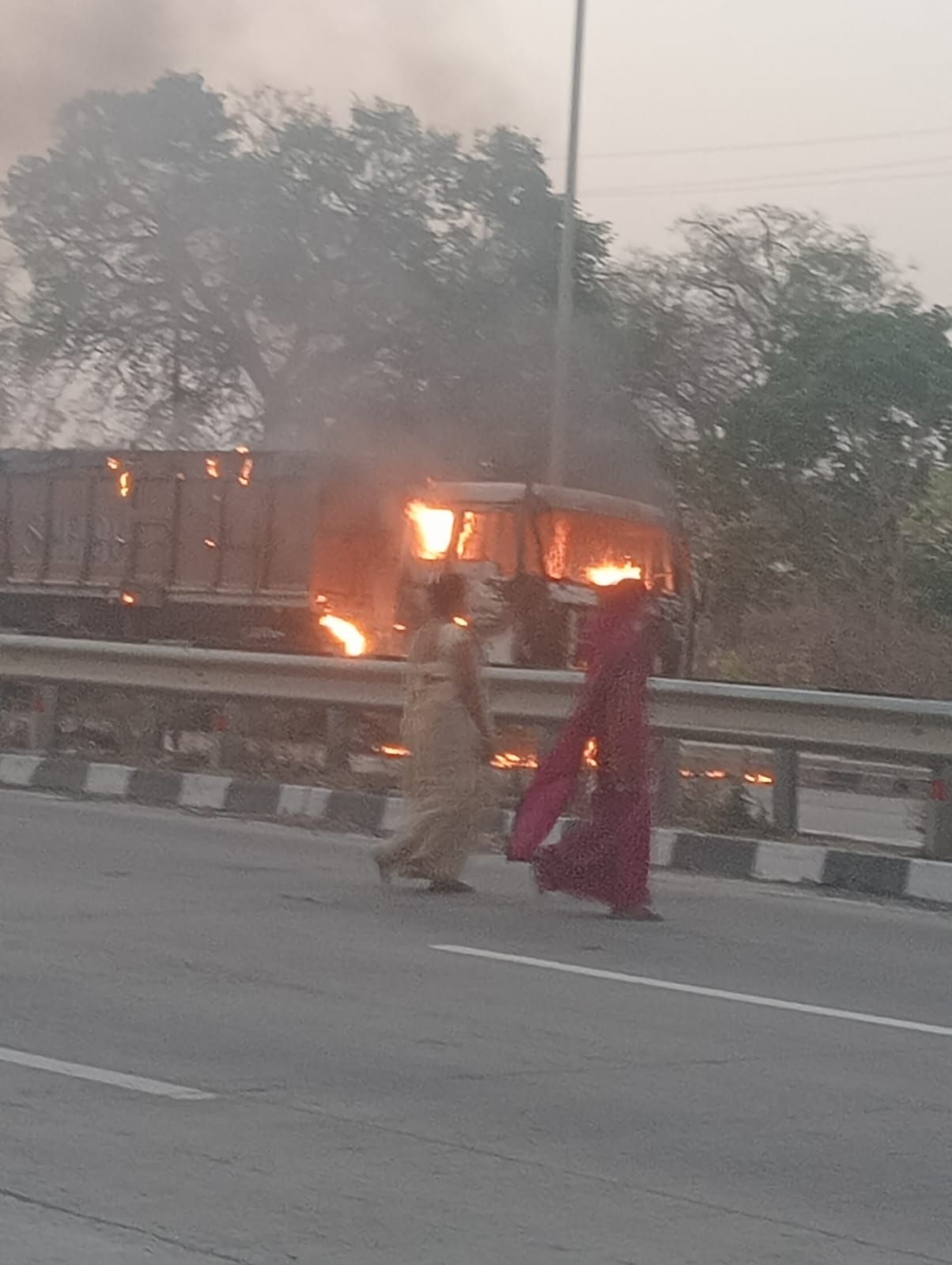 A truck caught fire at the same spot on the Varanasi-Rewa highway for the second time in a month.