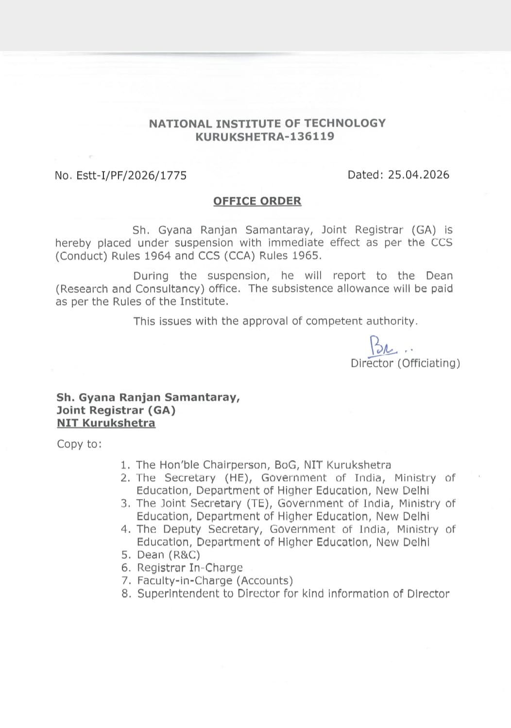 NIT's Joint Registrar suspended amid probe into former director's case