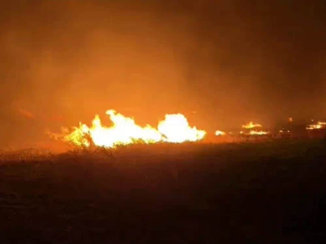 Fire broke out in the fields, burning 12 acres of wheat residue to ashes.