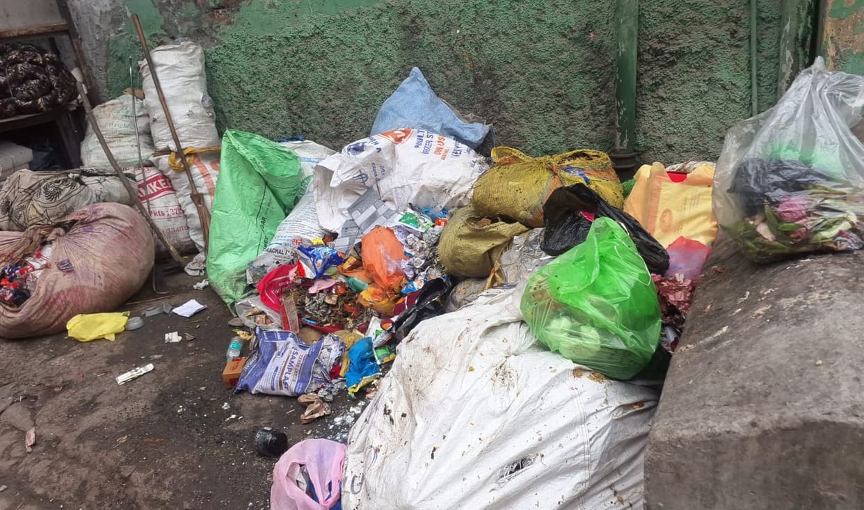 Childhood stuck in traffic, amidst the city's waste.
