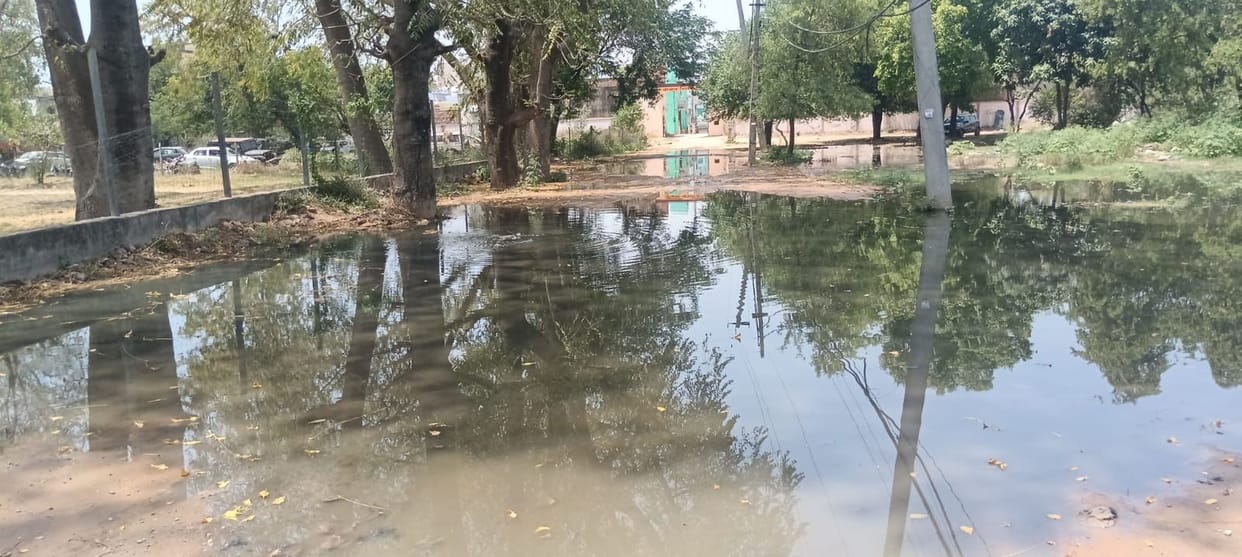 Water accumulates on road due to sewage overflow; 200 families face commuting difficulties.