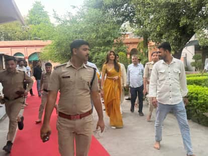 Shilpa Shetty Raj Kundra seek refuge in Goddess Pitambara and perform special prayers at Baglamukhi Temple.