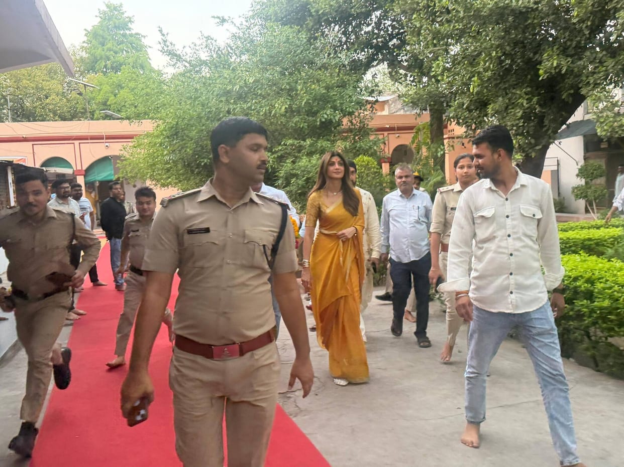 Shilpa Shetty Raj Kundra seek refuge in Goddess Pitambara and perform special prayers at Baglamukhi Temple.