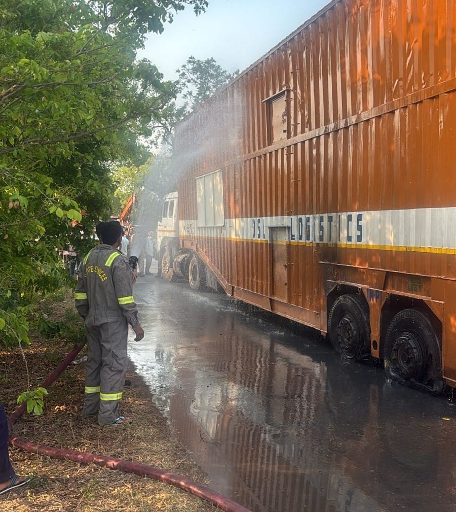 Container caught fire after colliding with 11,000 volt line