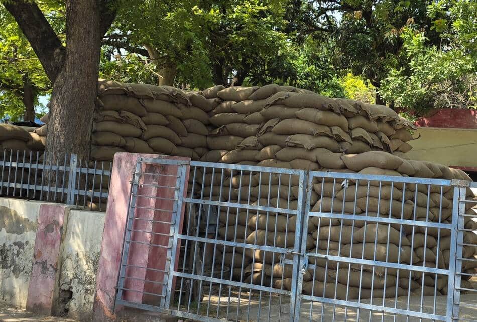 फोटो-25 कायमगंज मंडी समिति क्रय केंद्र पर खुले में लगा सरकारी गेहूं। संवाद