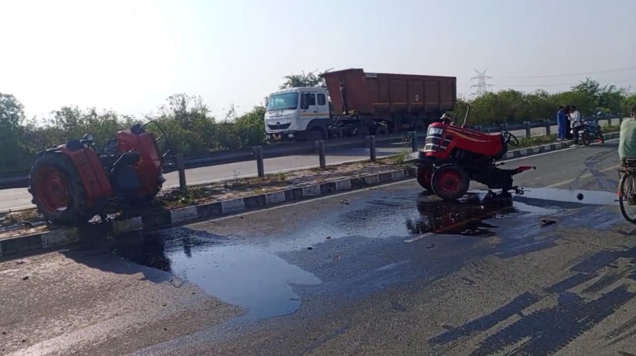 Tractor splits into two pieces after collision with car, two seriously injured