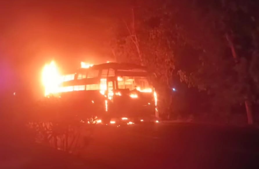 Double-decker bus catches fire; no casualties.