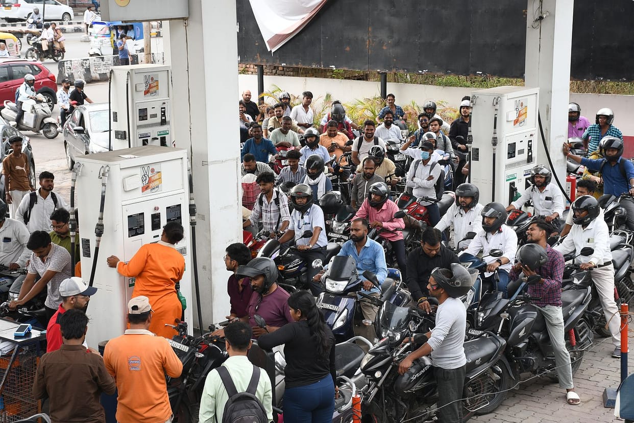 Crowds gathered at petrol pumps