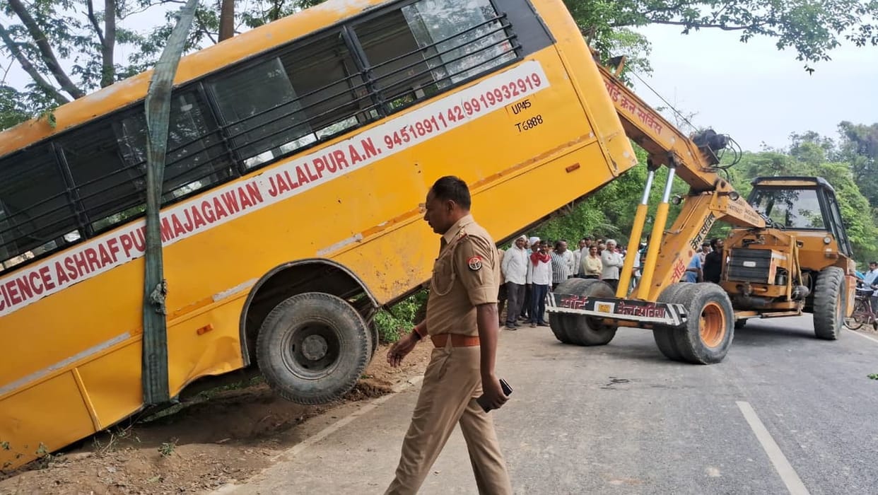 School bus carrying 44 children overturns, causing panic