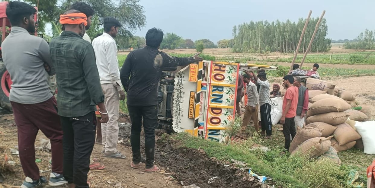 Wheat-laden pickup overturned after climbing on a garbage heap, driver injured