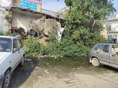 Dirty water accumulated on the road due to sewerage blockage in Kaihariya Chowk