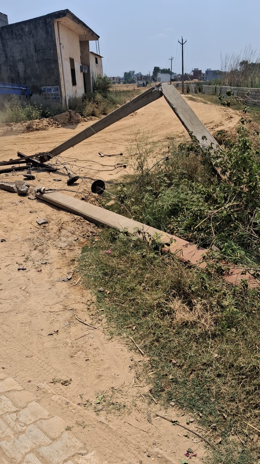 Electric pole broken due to collision with dumper