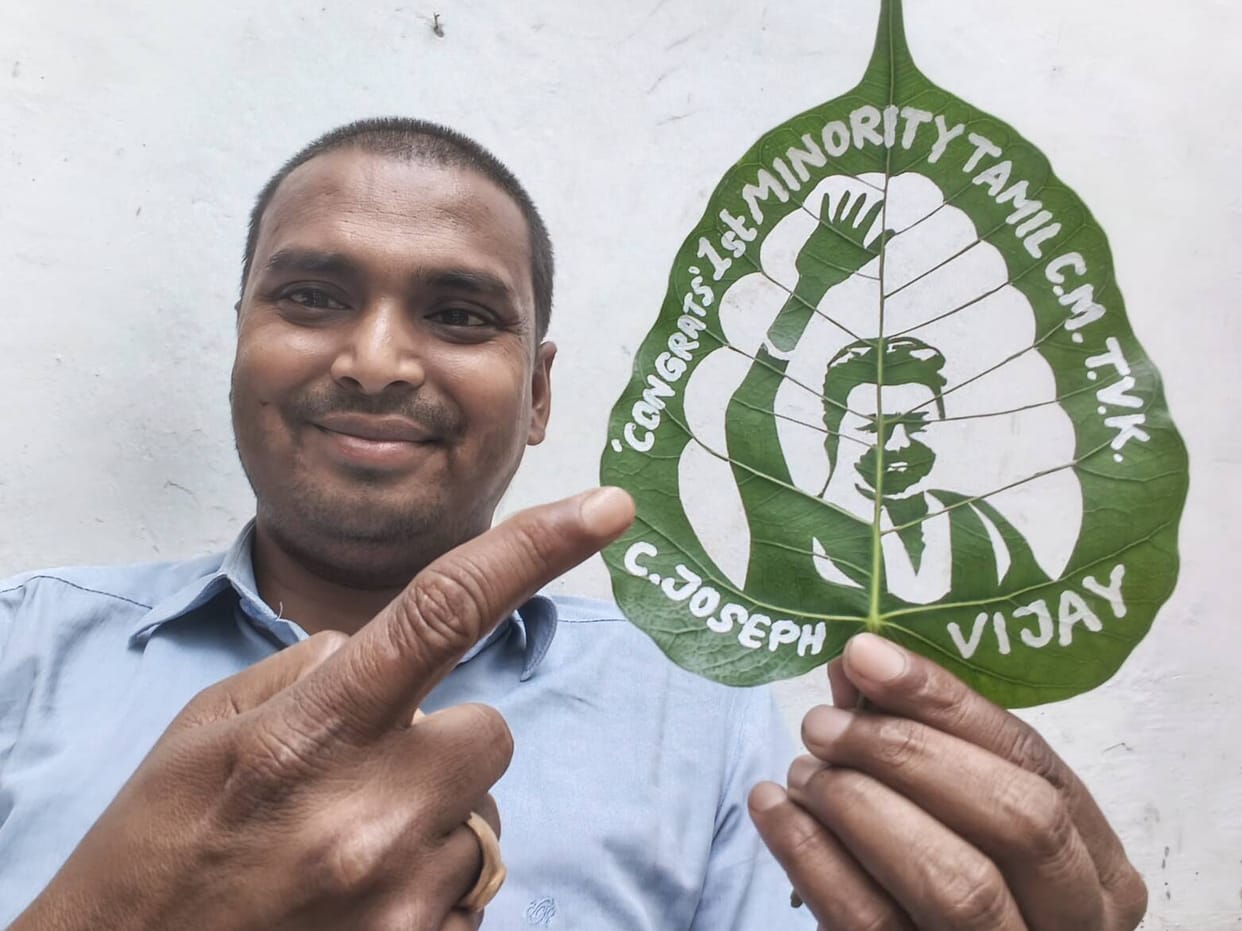 From Silver Screen to CM Chair: Bihar Artist Madhurendra Congratulates Vijay with Unique Leaf Art