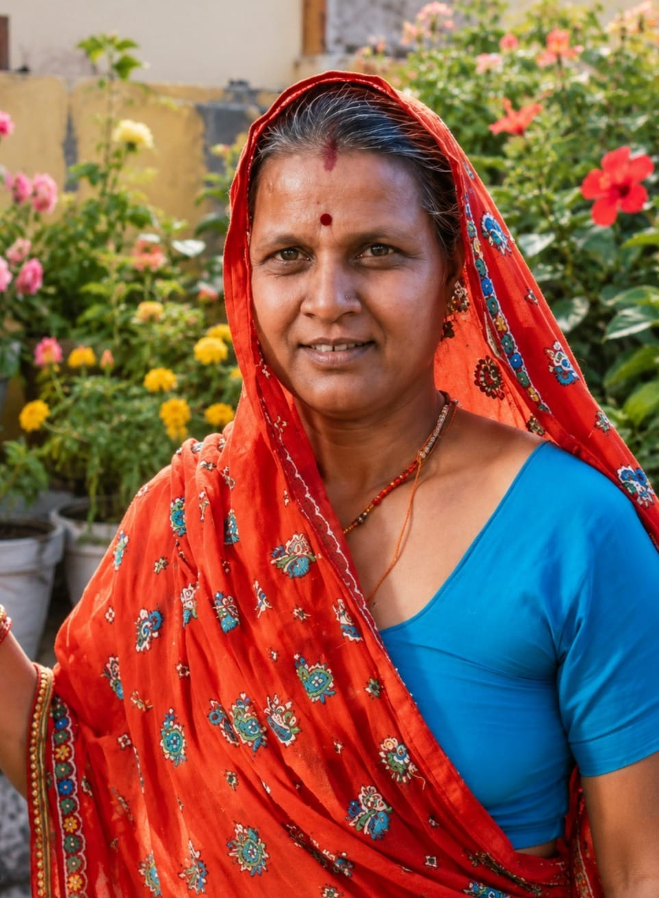 Neha Devi's home is filled with the fragrance of roses and marigolds.