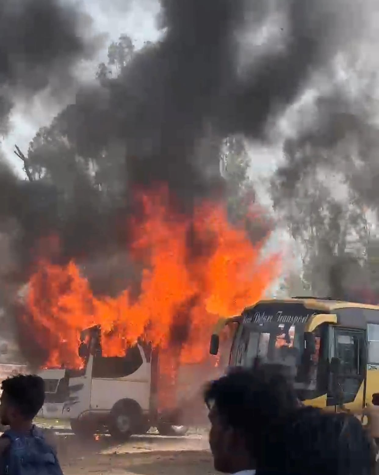 Bus parked at the bus stand caught fire, causing panic