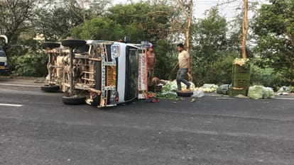 Vegetable-laden pickup overturned due to steering failure
