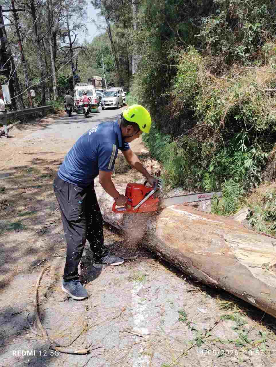 लक्ष्मेश्वर बाईपास के समीप सड़क पर गिरे पेड़ को हटाता फायर सर्विस कर्मी। स्रोत- फायर स्टेशन