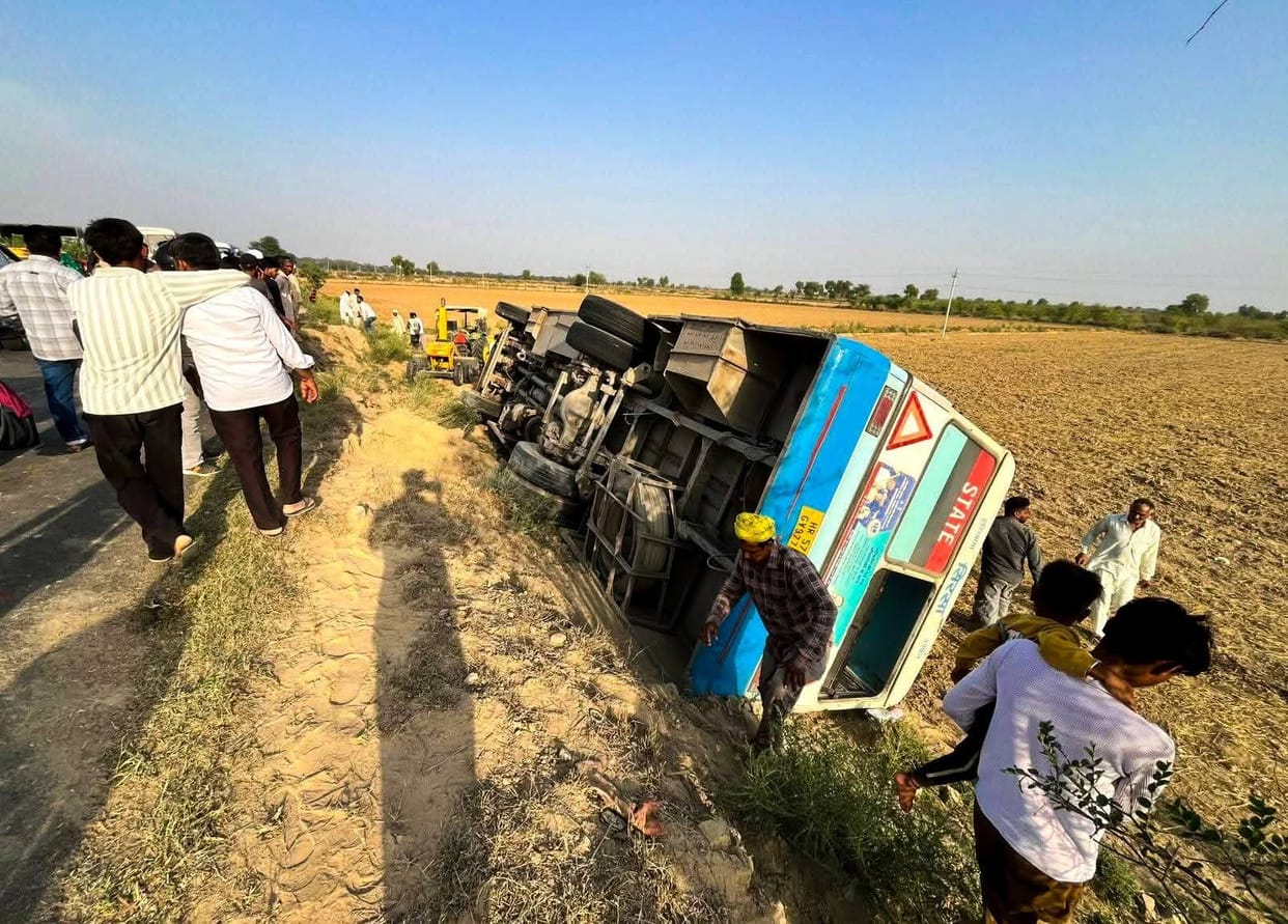 Roadways bus lost control and overturned in the fields, major accident averted