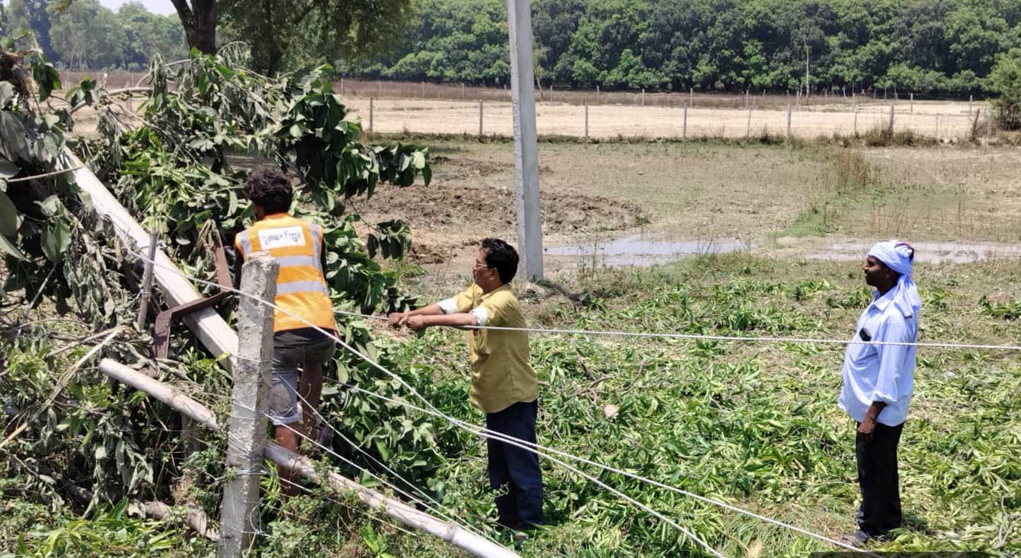 कुंडा के जमेठी रोड पर टूटे बिजली के पोल व तारों को लगाते कर्मचारी। विभाग