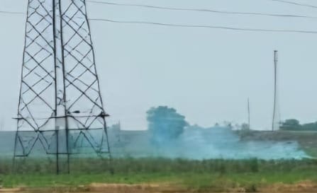 Sugarcane crop caught fire due to breaking of high tension line wire