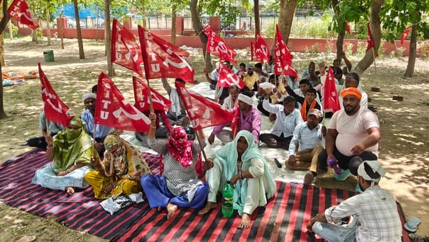 Rural sanitation workers staged a sit-in protest at Nahar and Bawal block premises.