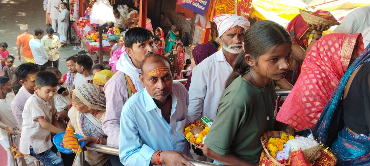 Crowd of devotees at Maa Shitala Dham on the first day of Purushottam month