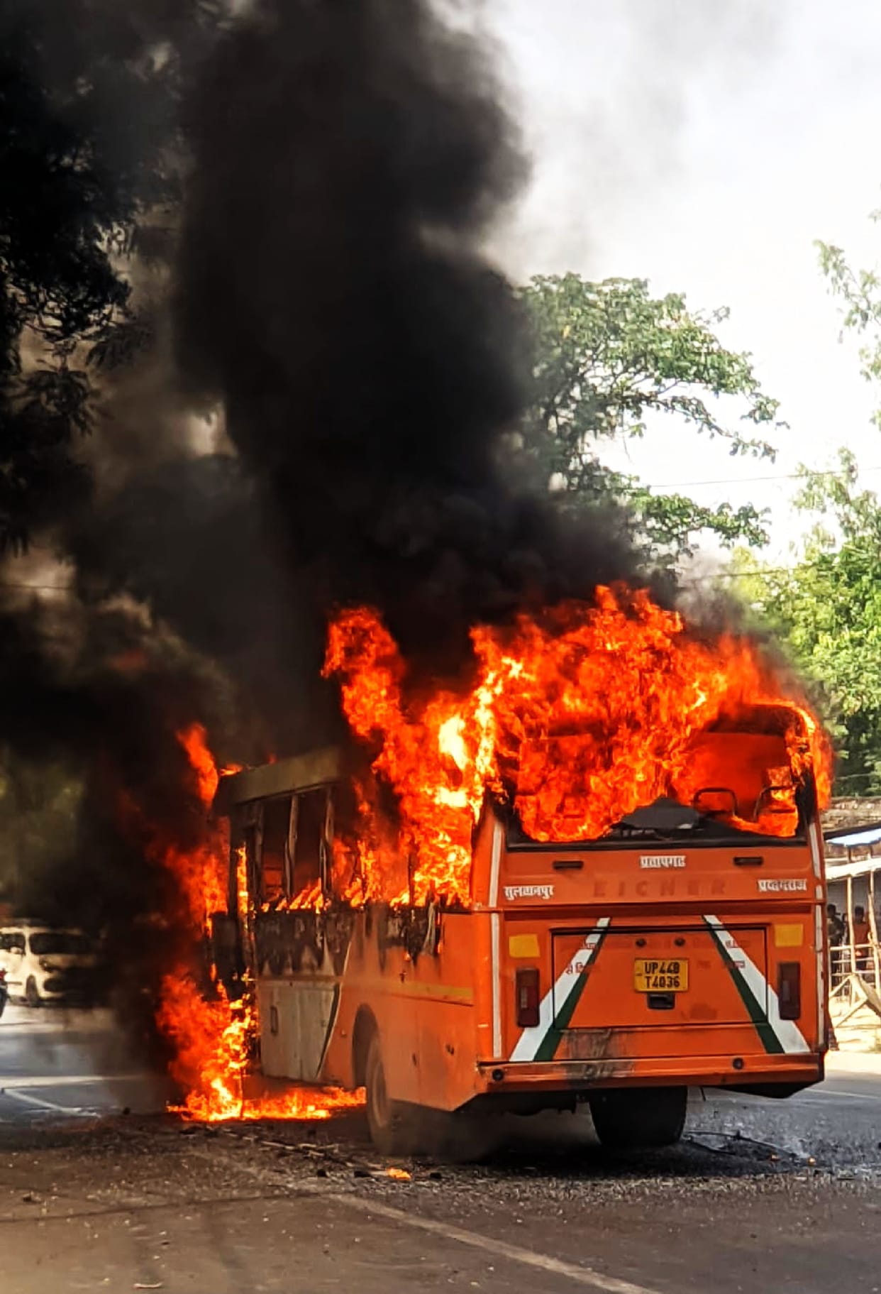 Fire breaks out in moving bus; 42 passengers save their lives by jumping out.
