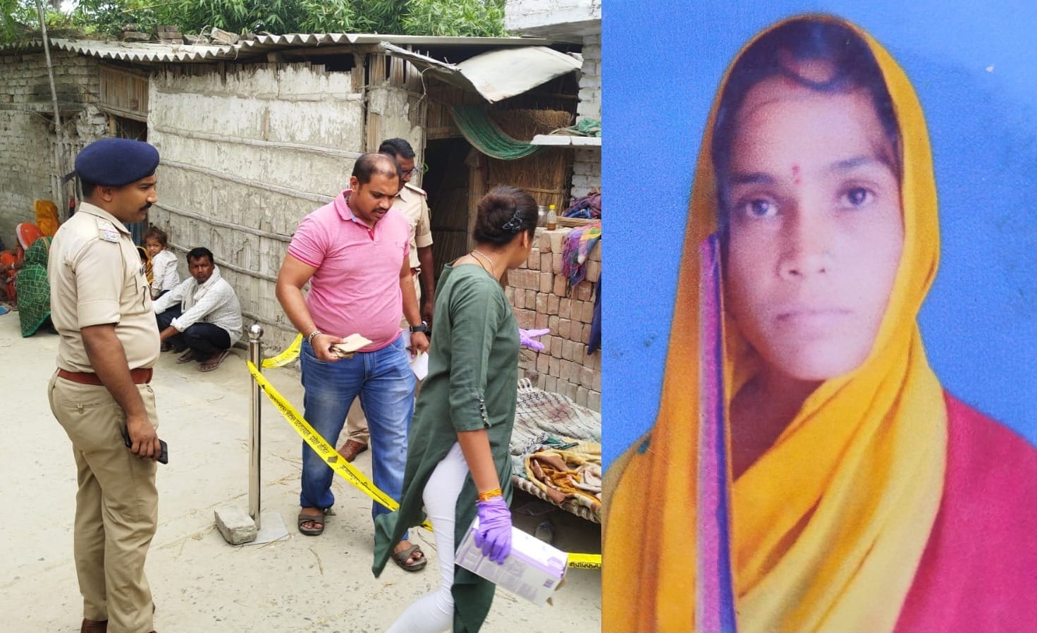 घटनास्थल पर जांच करती पुलिस और मृतक महिला
