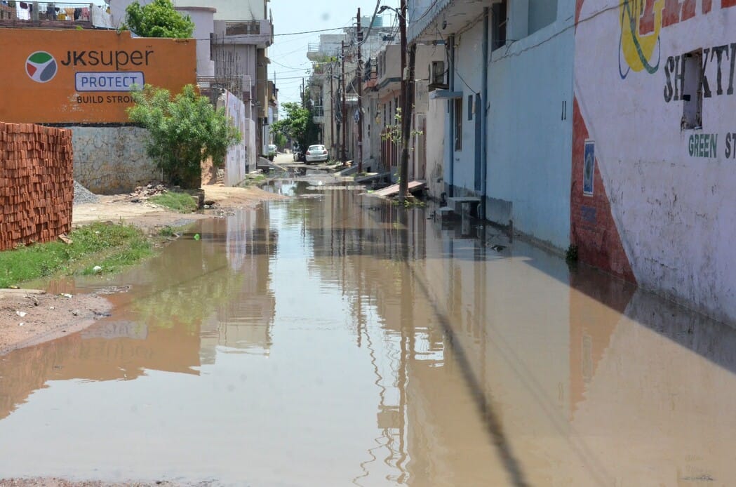 Waterlogging in Raj Vihar, making it difficult to leave homes