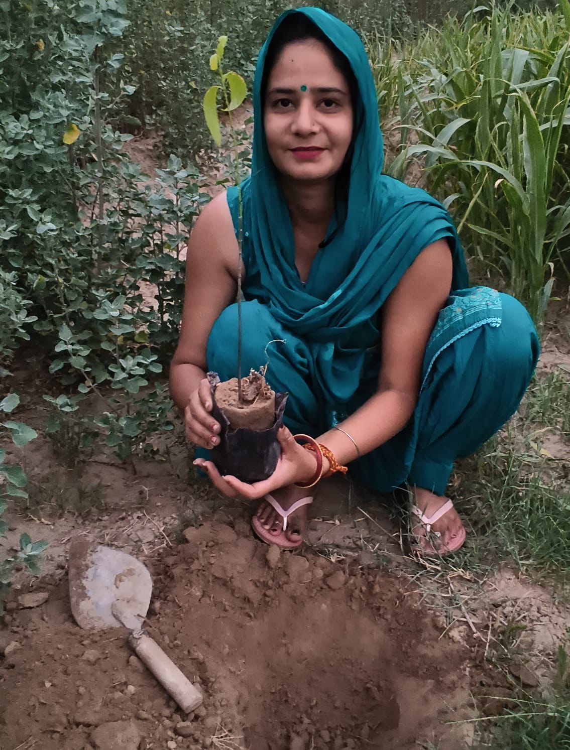 24jjrp12- गांव गोरिया निवासी निशा यादव पौधे लगाते हुए। स्रोत : परिजन