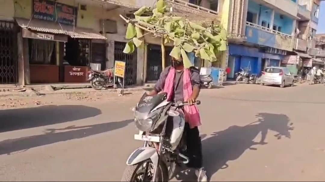 Umbrella made of bamboo and plants on bike during Navtaap, video goes viral