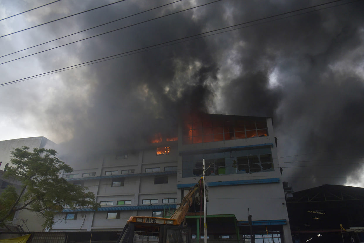 A fire in Vasundhara gutted 15 huts, caused cylinder explosions, and damaged an electronics company in Kavinagar.
