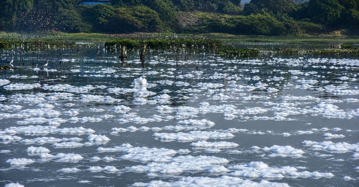 These are not pieces of ice floating in the river, but the filth spread in Gomti