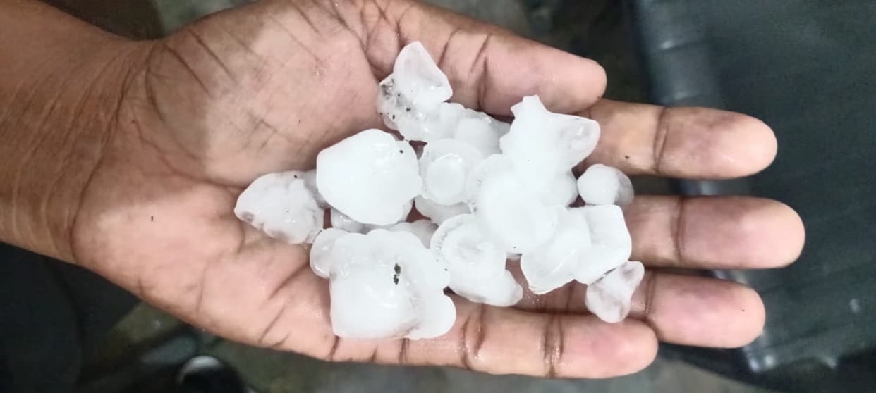 It was hot all day long due to the sun, and in the evening, hail fell during the rain and storm.